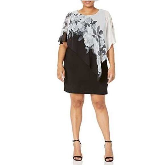 NWT S.L. Fashions Sleeveless Sheath Cape Dress Chiffon Overlay Black Ivory 18 2X